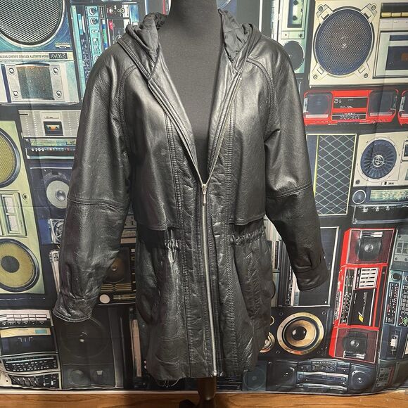 BLUELINE & COMPANY Vintage Black Leather Short Trench Jacket Hooded Women Small - Picture 2 of 16